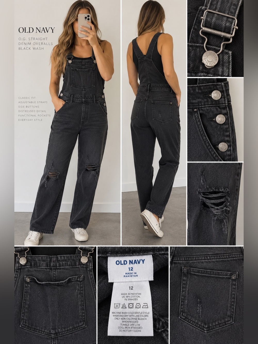 Old Navy O.G. Straight Black Distressed Denim Overalls Size 12